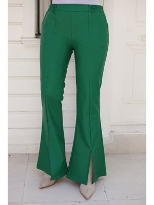 Yeşil İspanyol Paça Önü Yırtmaçlı Deri Pantolon Yeşil İspanyol Paça Önü Yırtmaçlı Deri Pantolon