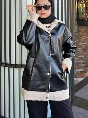 Kürk Detaylı Siyah Deri Ceket