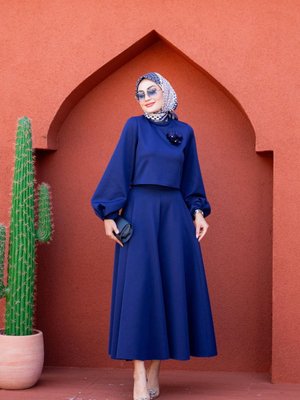 Yaka Çiçekli Puf Dalgıç Etekli Takım Lacivert