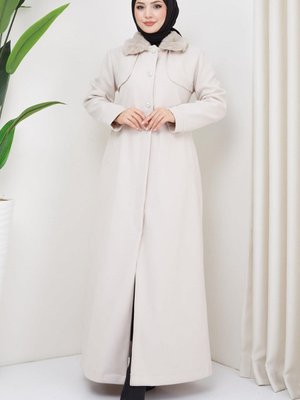 Yakası Kürklü Uzun Kaşe Kaban Krem Yakası Kürklü Uzun Kaşe Kaban Krem