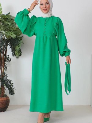 Açık Yeşil Düğme Detaylı Elbise