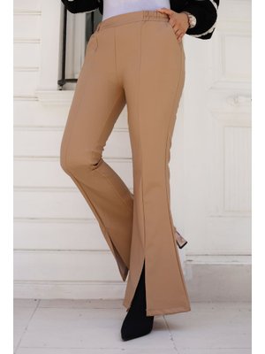 Taba İspanyol Paça Önü Yırtmaçlı Deri Pantolon Taba İspanyol Paça Önü Yırtmaçlı Deri Pantolon