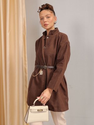 Kahverengi Kemerli Kaşe Kaban