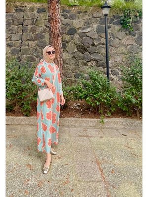 Çiçek Desenli Gömlek Elbise Çağla