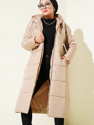 Kapüşonlu Uzun Şişme Mont Vizon Kapüşonlu Uzun Şişme Mont Vizon