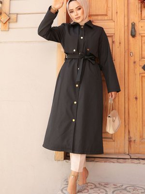 Düğmeli Siyah Trençkot