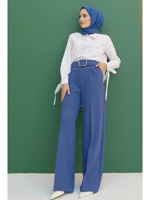 İndigo Kemerli Pileli Pantolon