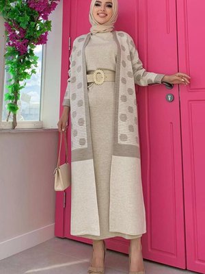 Bej (taş) Puantiyeli Triko Ceket T