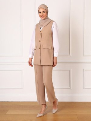 Düğme Ve Cep Detaylı Şık Yelek Vizon