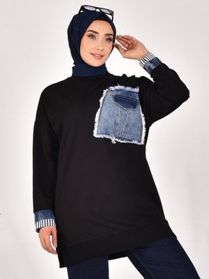 Siyah İki İplik Kumaş Kot Garnili Sweatshirt