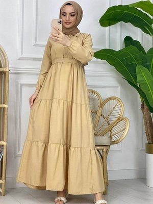 Bej Yaka Düğmeli Gömlek Elbise