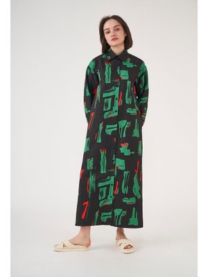 Desenli Gömlek Elbise Siyah Yeşil
