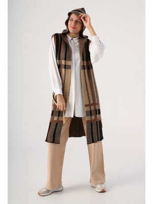 Vizon Büyük Ekose Desenli Kuşaklı Triko Yelek