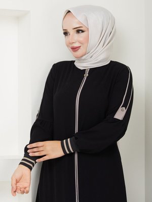 Giyim Ferace Krem Renk Biyeli Kolu Patlı Manşet Ribanalı Siyah