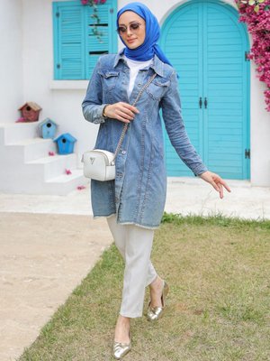 Mavi Cep Detaylı Düğmeli Boyfriend Jean Oversize Uzun Kot Ceket Mavi Cep Detaylı Düğmeli Boyfriend Jean Oversize Uzun Kot Ceket