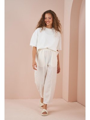 Ekru Önü Dikişli Keten Pantolon