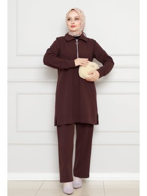 Kahverengi Yakası Fermuar Detaylı İkili Takım