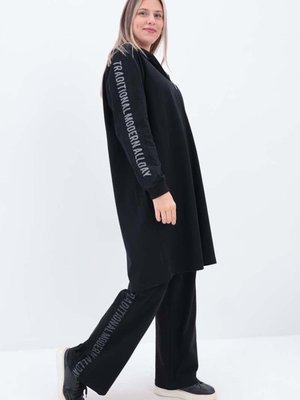 Siyah Baskılı Fileli Büyük Beden Eşofman Takımı