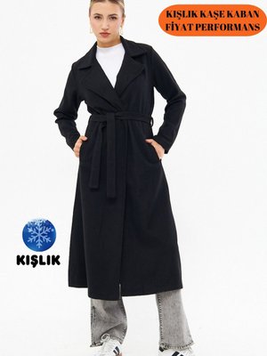 Siyah Kuşaklı Kışlık Kaşe Kaban Astarsız