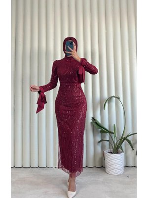 Yenı Sezon Taş İşlemeli Fiyonk Detaylı Tesettür Abiye Elbise