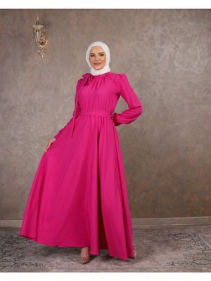 Giyim Elbise Bantlı Yaka Double Kumaş Kuşaklı