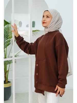 Kahverengi Ön Düğme Detay Oversize Sweat Kahverengi Ön Düğme Detay Oversize Sweat