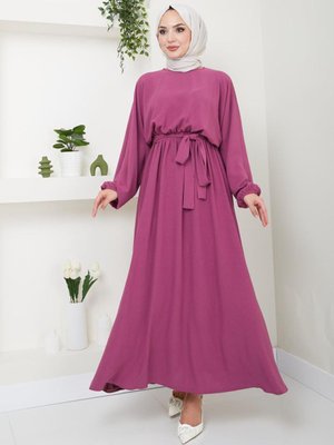 Giyim Abiye Moda Beli Lastikli Kuşaklı Elbise Koyu Gül Kurusu