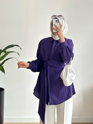 Kuşak Detay Uzun Kollu Gömlek