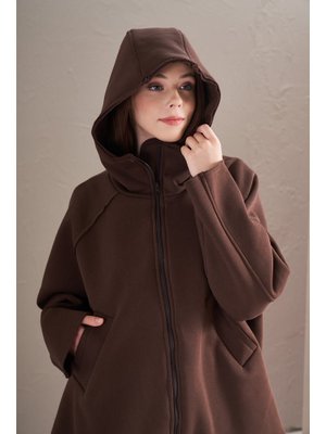 İplik Şardonlu Kapüşonlu Ceket Bitter Kahve