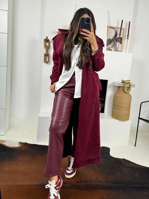 Bordo Deri Bağçıklı Pantolon