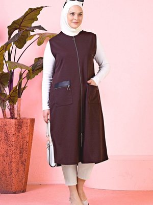 Kadin Uzun Kolsuz Fermuarli Yelek Deri Cepli Ottoman Acı Kahve