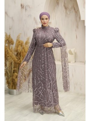 Lila İncilay Boncuklu Abiye Elbise