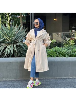 Kuşaklı Bondit Kumaş Taş Rengi Trenç Kuşaklı Bondit Kumaş Taş Rengi Trenç