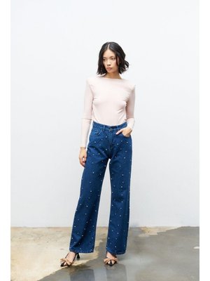 Koyu Mavi Önü Taş Detaylı Cotton Wide Leg Denim
