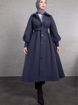 Balon Kol Ceket Yaka Kaşe Kaban Gece Mavisi