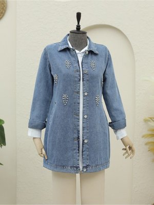 Küme Taş Detaylı Düğmeli Kot Ceket Küme Taş Detaylı Düğmeli Kot Ceket