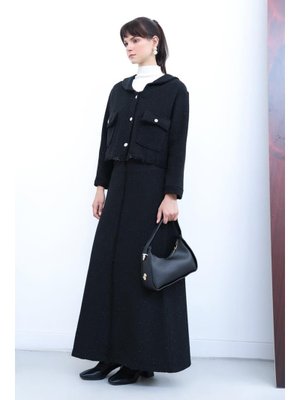 Siyah Taşlı Düğmeli Cepli Tüvit Etekli Takım