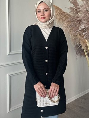 Basic Fitilli Siyah Triko Hırka Basic Fitilli Siyah Triko Hırka