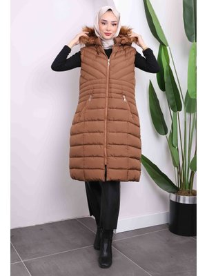 Kahverengi Büyük Beden Kürklü Şişme Yelek Kahverengi Büyük Beden Kürklü Şişme Yelek