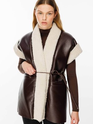 Şal Yaka Kürklü Deri Yelek Kahve