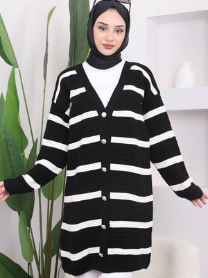 Siyah Çizgili Gofralı Uzun Triko Hırka