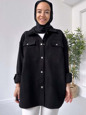 Yandan Cepli Çıtçıt Kapama Kaşe Ceket Siyah