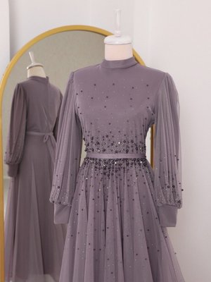 Tasarım Taş Detaylı Kabartma Etekli Tül Abiye Elbise Tasarım Taş Detaylı Kabartma Etekli Tül Abiye Elbise