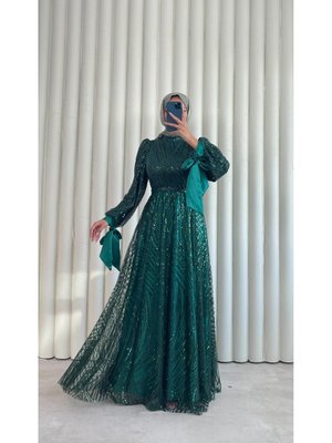 Yenı Sezon Pırıltı Desenli Kabarık Fiyonk Detatylı Tesettür Abiye Elbise