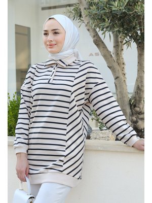 Siyah Önü Çıt Çıtlı Çizgili Sweat