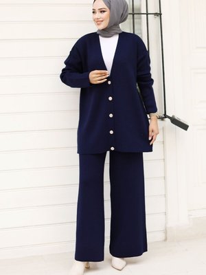 Düğmesi Taşlı Triko Hırka Takım Lacivert