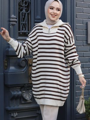 Çizgili Krem Triko Tunik Kazak