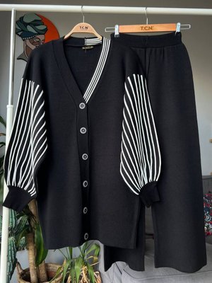 Standart Beden Triko Kolları Çizgili Hırka Pantolon Alt Üst İkili Takım