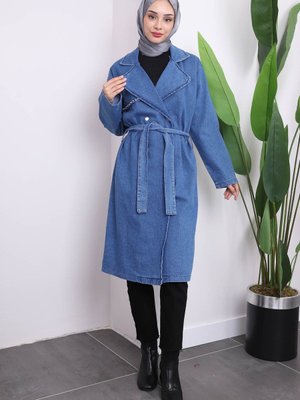 Koyu Mavi Taş Detaylı Kot Trenç Koyu Mavi Taş Detaylı Kot Trenç