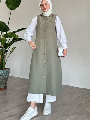 Zincir Detaylı Kapüşonlu Uzun Yelek Haki Zincir Detaylı Kapüşonlu Uzun Yelek Haki